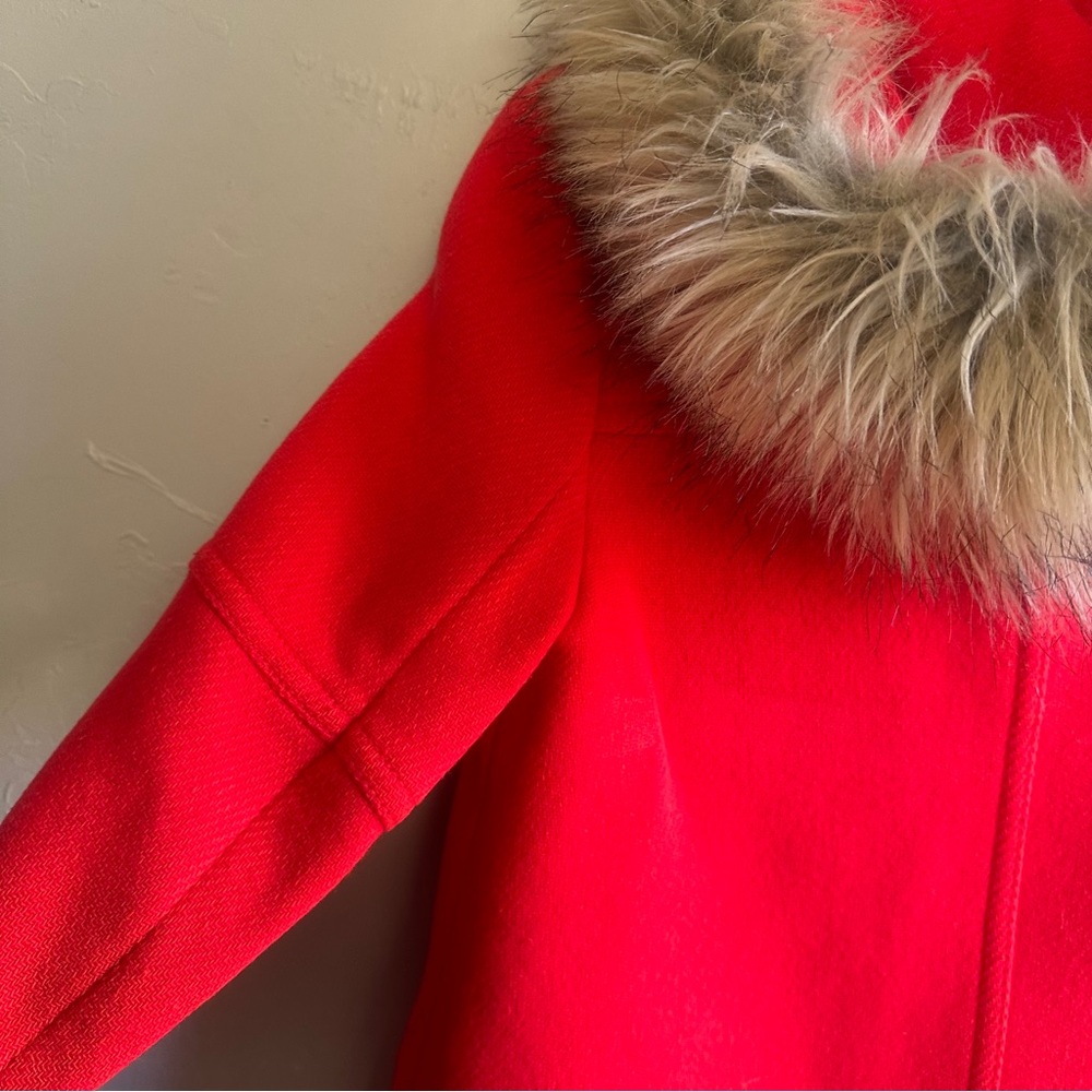 J. Crew Stadium Cloth Red Wool Coat w/ Faux Fur Hood Statement Winter Parka 2P - Picture 7 of 16